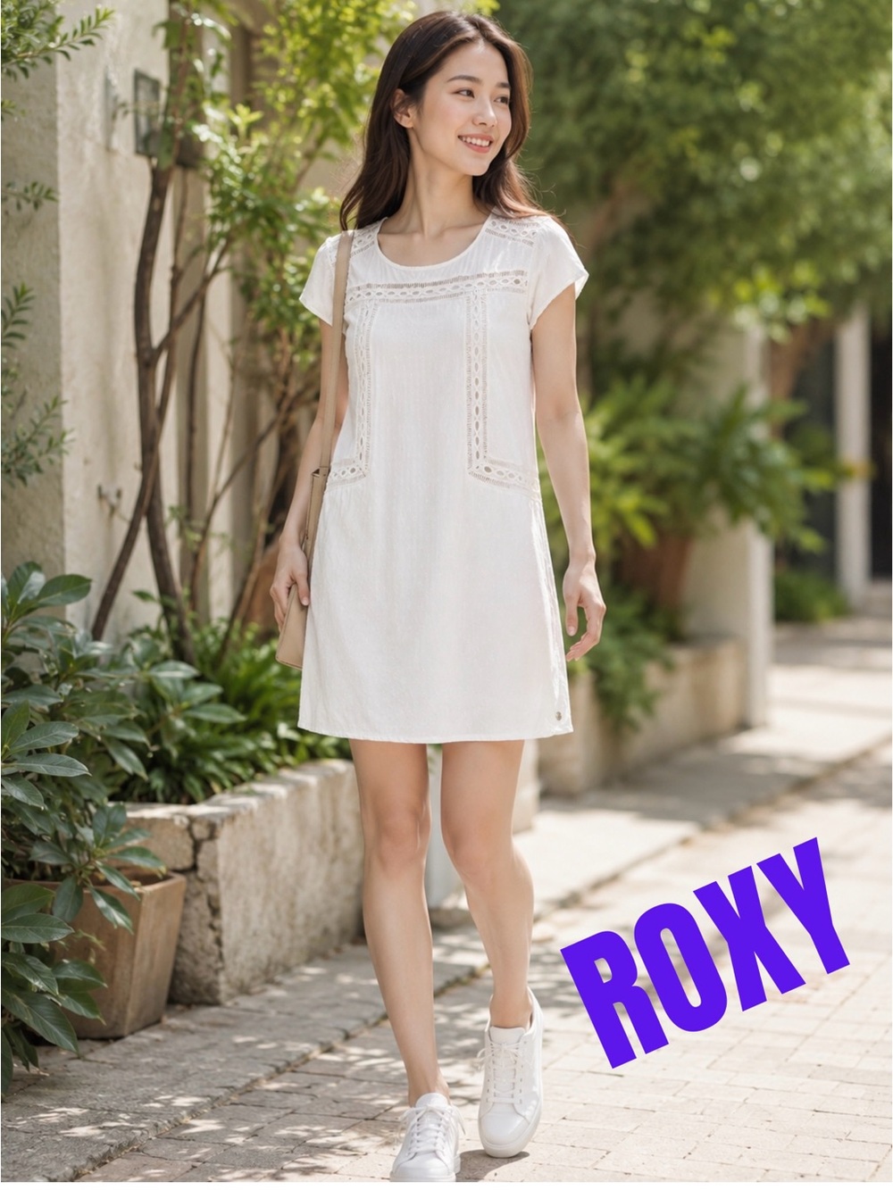 Roxy Cream Eyelet Trim Shift Dress